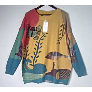 YESNO Wool Cotton Oversized Sweater Soft Pullover Scarab Fish Graphic Womens XL